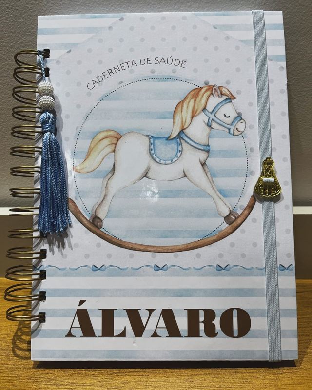 Caderneta de vacina personalizada com cavalinho de balanço e o nome Álvaro